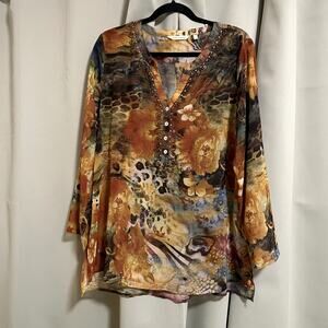 Soft Surroundings Abstract Floral Animal Print Sheer V-Neck Blouse